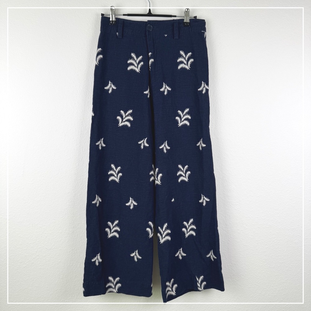 Elie Elie Tahari Pants Women 4 Navy Blue Excellent Embroidered Coastal Wide Leg